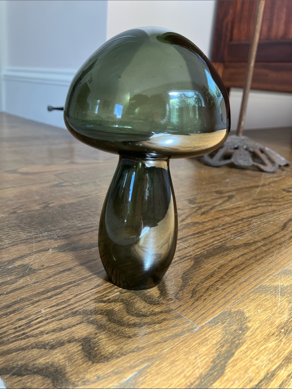 Olive Green Glass Mushroom Sculpture - Decorative Home Accent